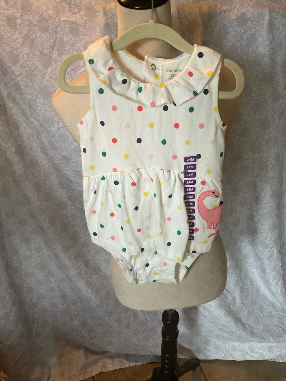 Carter's White Polka Dot Romper with Multicolor Dots and Pink Flamingo